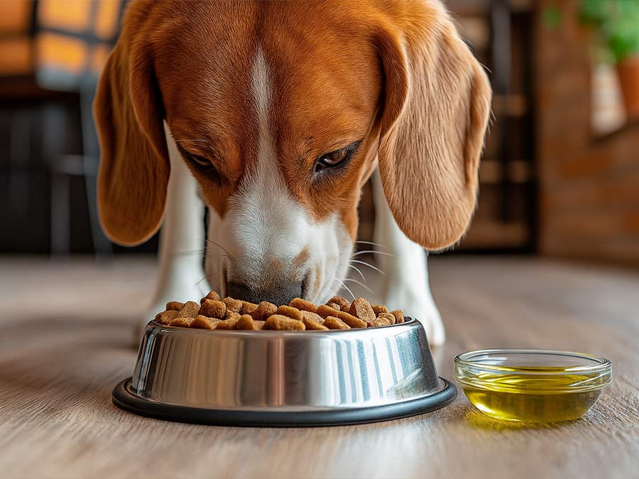 Aceite de oliva para perros: beagle comiendo pienso con un pequeño cuenco de aceite de oliva a su lado.