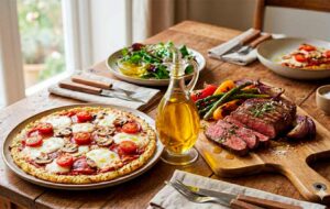 AOVE en diferentes platos keto pizza carne y verduras